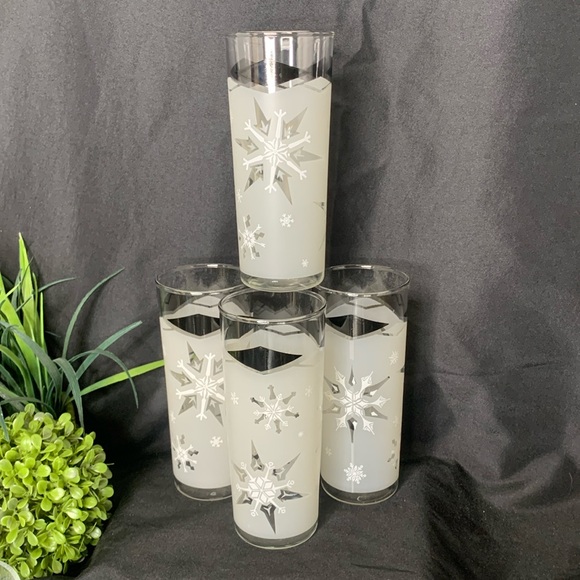 Set of 4 Vintage Anchor Hocking snowflake frosted black & white Highball Glasses - Picture 1 of 8